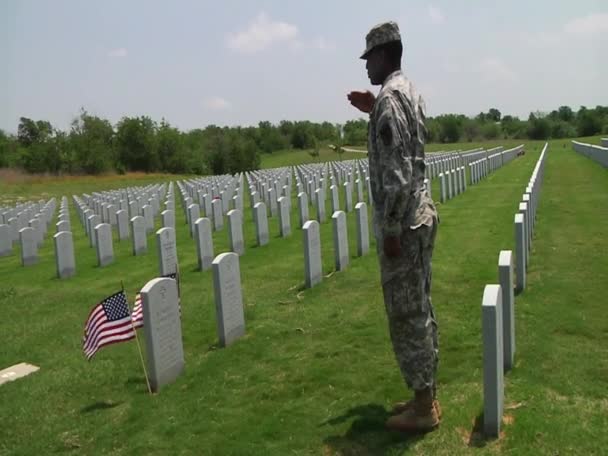 Soldaten ehren die Toten auf einem Friedhof — Stockvideo