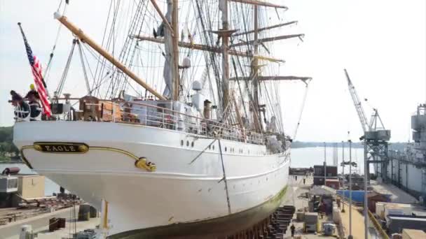 Tall sailing ship being put into dry dock — Stock Video