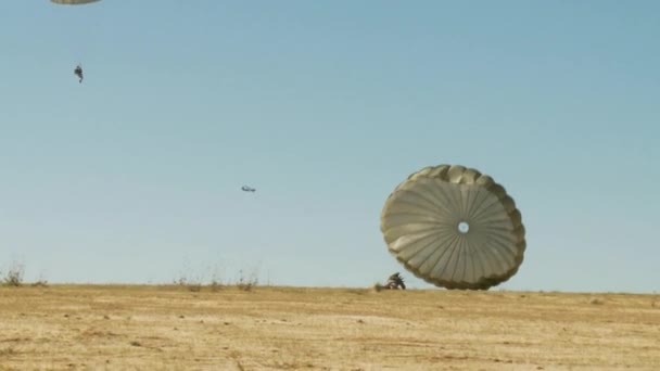 Fallschirmjäger beim Fallschirmsprung zur Erde — Stockvideo