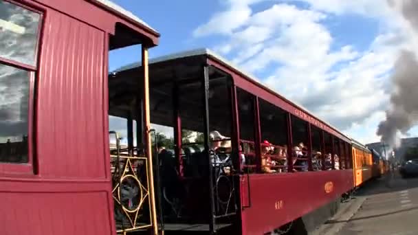 Туристы проезжают мимо на поезде — стоковое видео