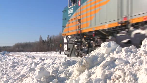 Trein passeert in de sneeuw — Stockvideo