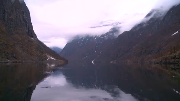 Wolken en mist hangen over een fjord — Stockvideo