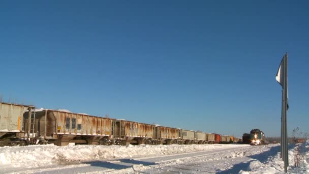 Zug fährt im Schnee vorbei — Stockvideo