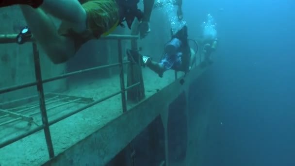 Buceadores exploran un naufragio — Vídeo de stock