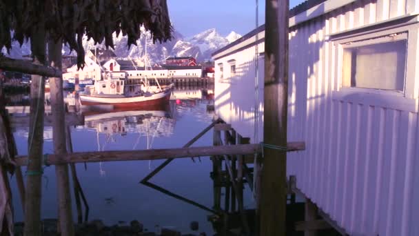 Vis zijn hing uit te drogen op houten rekken — Stockvideo