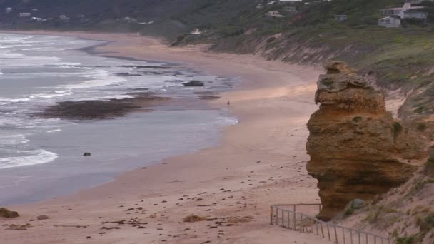 Um viajante caminha pela costa arenosa — Vídeo de Stock