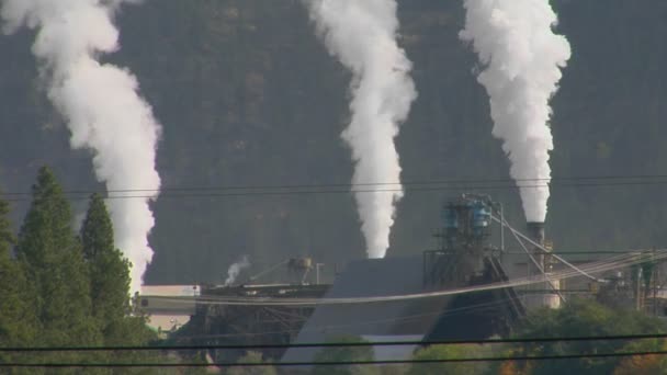 Smoke billows out of stacks of a factory — Stock Video