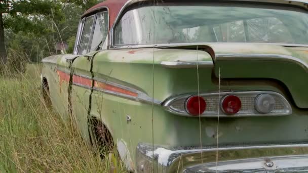 Een oude Ford Edsel zit in een veld — Stockvideo