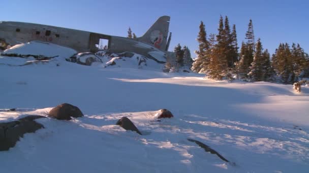 山の中腹に墜落した飛行機が座っています。 — ストック動画