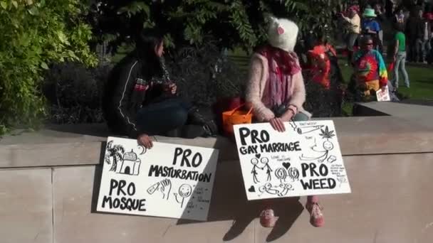 Девушки держат плакаты — стоковое видео