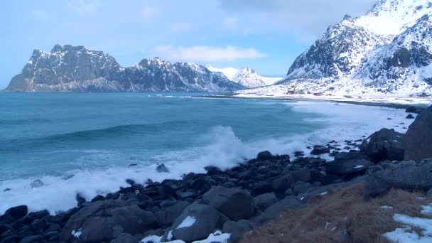 Хвилі впадають в сніговий покритий берег — стокове відео