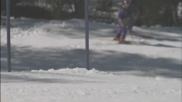 Skiër uitgevoerd een afdaling cursus. — Stockvideo