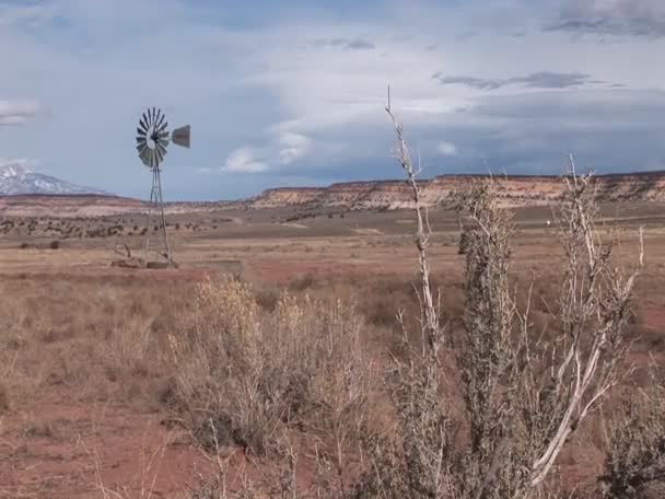 Molino de viento de pie en una llanura del desierto — Vídeo de stock