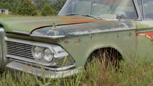 Una vecchia Ford Edsel si siede in un campo — Video Stock