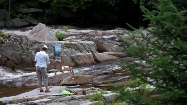 Seorang seniman melukis gambar di samping sungai — Stok Video