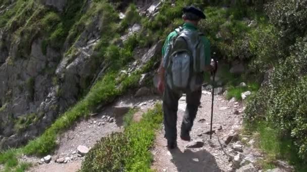 Человек спускается с горы — стоковое видео