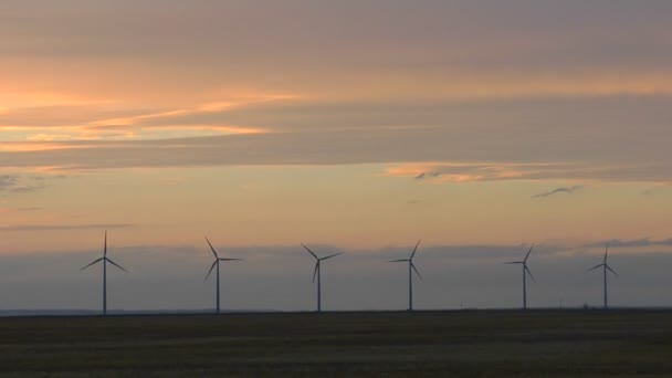 En rad av väderkvarnar är silhouetted — Stockvideo