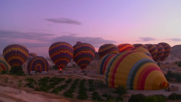 Balões de ar quente disparando ao amanhecer — Vídeo de Stock