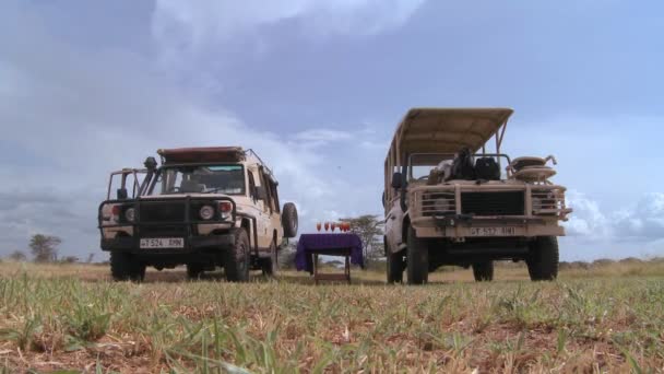 Jeep Safari parkolnak a síkságon, Afrika — Stock videók