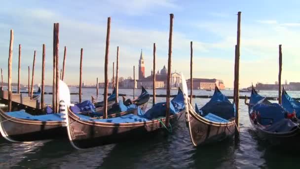 Gôndolas alinham um canal em Veneza — Vídeo de Stock