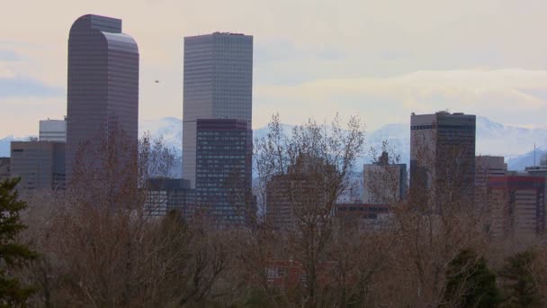 El horizonte de Denver contra las montañas — Vídeo de stock