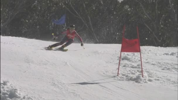 Alpiner Skirennfahrer läuft eine Abfahrt — Stockvideo