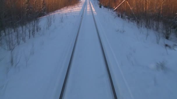 Tåget passerar genom ett snöigt landskap — Stockvideo