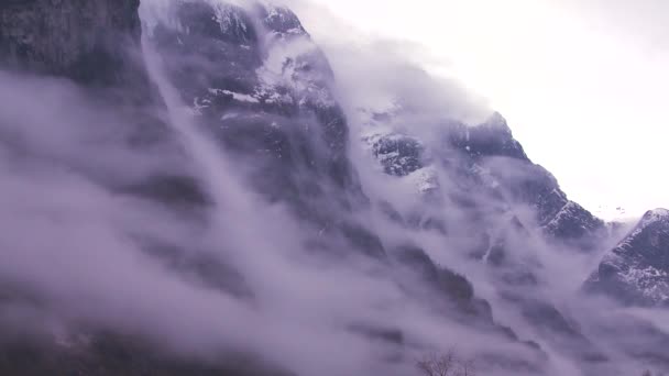 云和雾挂揭示山沿着峡湾 — 图库视频影像
