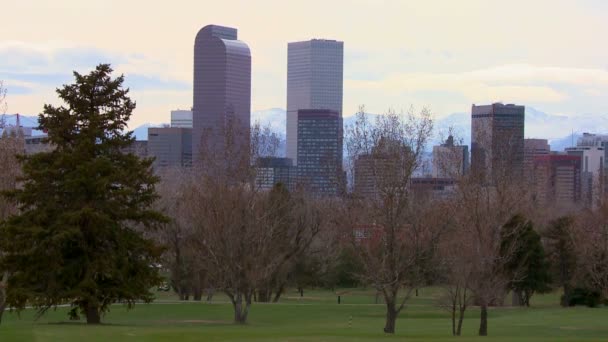 De skyline van Denver tegen bergen — Stockvideo