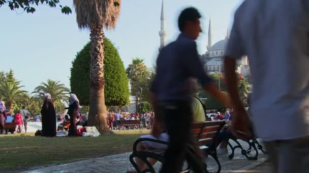 Les piétons sont assis sur des bancs près de la Mosquée Bleue — Video