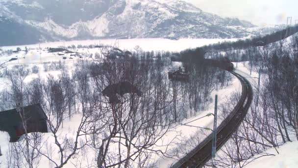 Um trem viaja através de uma paisagem nevada — Vídeo de Stock