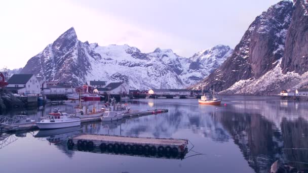 Гавань на Арктических Лофотенских островах — стоковое видео