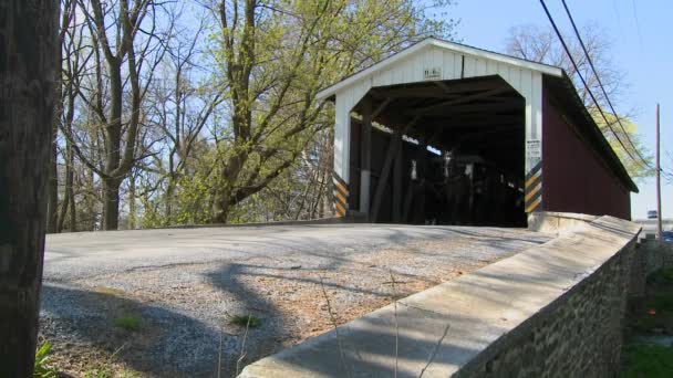 Carts pass through a covered bridge — Stock Video