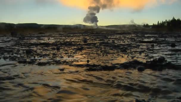 Heißes Wasser fließt aus einem vulkanischen Geysir — Stockvideo