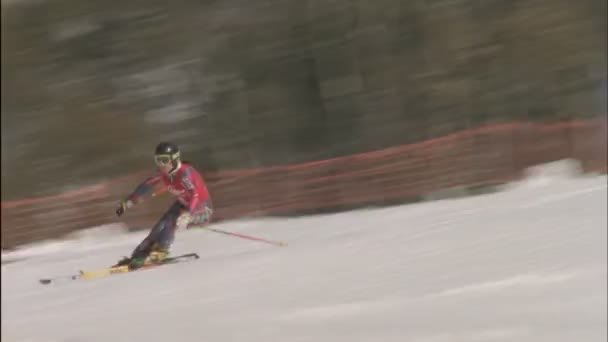 Uno sciatore corre attraverso una collina in discesa — Video Stock
