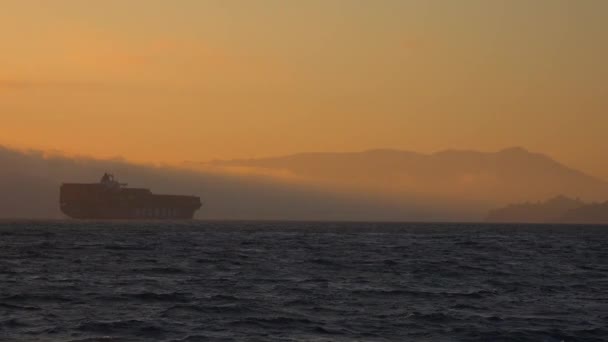 Een vrachtschip reist bij zonsondergang — Stockvideo