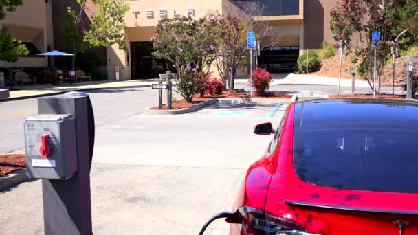 Tesla elektrische auto opladen — Stockvideo