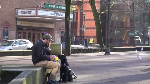 Люди сидят снаружи в общественном парке — стоковое видео