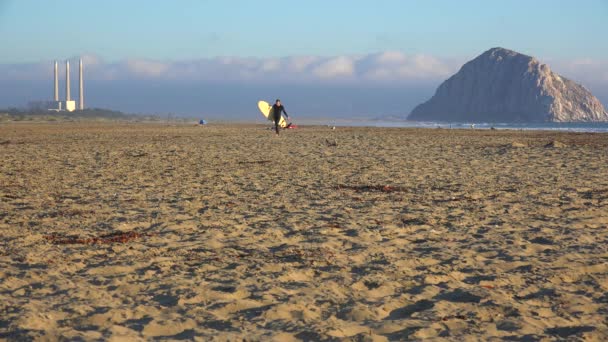 Surfista cruza hermosa bahía de Morro — Vídeos de Stock