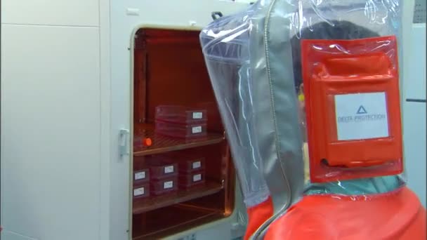 Scientist wear biohazard suit to study viruses — Stock Video