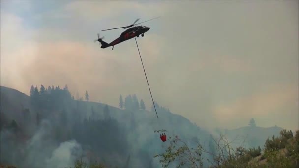 Um helicóptero de combate a incêndios faz airdrops — Vídeo de Stock