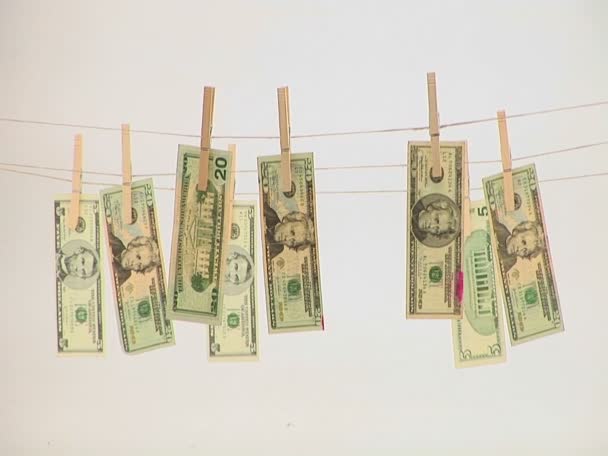 Money hanging on a clothesline — Stock Video