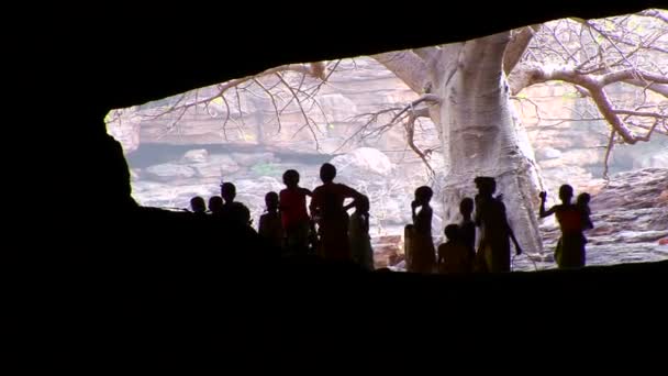 Les enfants se tiennent silhouettes dans la grotte — Video