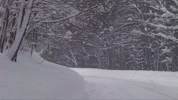 Um carro viaja na estrada nevada — Vídeo de Stock