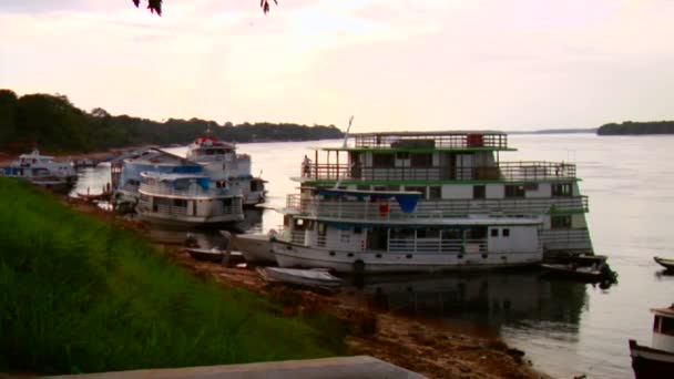 Des bateaux fluviaux bordent la voie navigable — Video