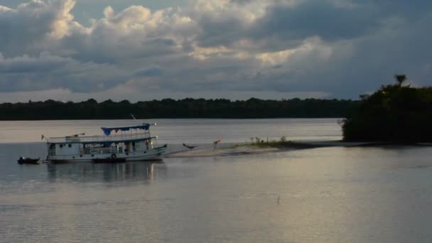 Речные лодки приходят в небольшой порт — стоковое видео
