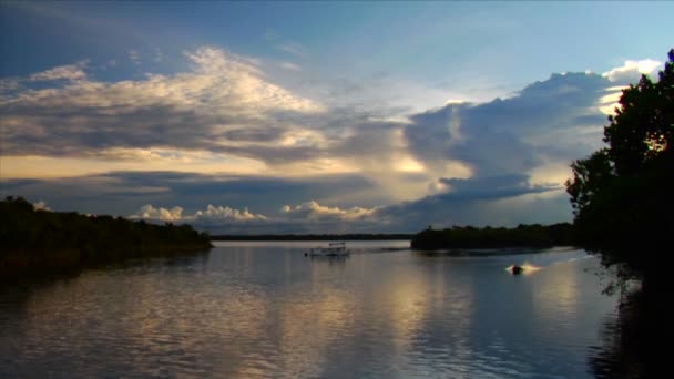 Sebuah perahu motor melewati sepanjang Sungai — Stok Video