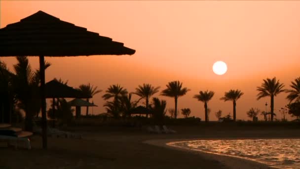 Sunset over desert resort hotel — Stock Video