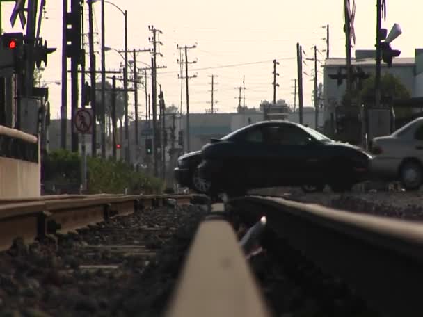 Otomobil sürücüleri tren yolu üzerinde — Stok video