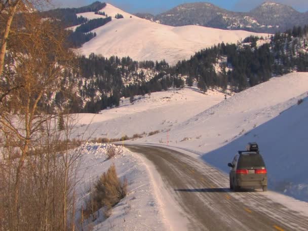 Auto rijdt langs besneeuwde weg — Stockvideo